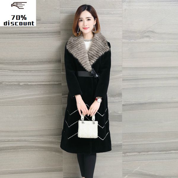 

2020 real wool fur coat sheep shearling coats long warm winter jackets for women natural mink knitted fur collar y826, Black