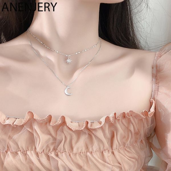 

anenjery double layer star moon charm necklace 925 sterling silver clavicle chain cubic zircon necklace for women jewelry s-n576