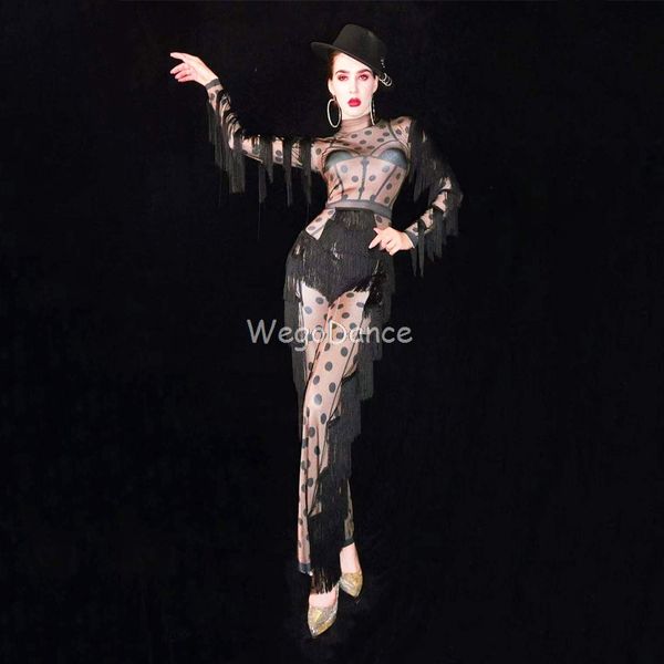 

new women black tassel nude dot fringe jumpsuit birthday prom big leggings outfit bar women singer dance stage clothes, Black;white
