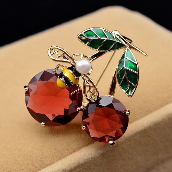 

cindy xiang large round cubic zirconia cherry brooches for women copper fruit pin enamel bee pin 2 colors avaible high quality