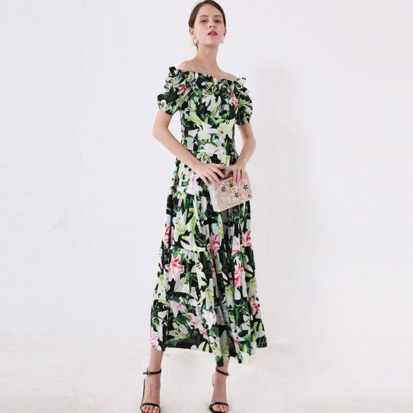 

women's runway designer dresses slash neckline short sleeves printed fashion casual summer holiday dresses, Black