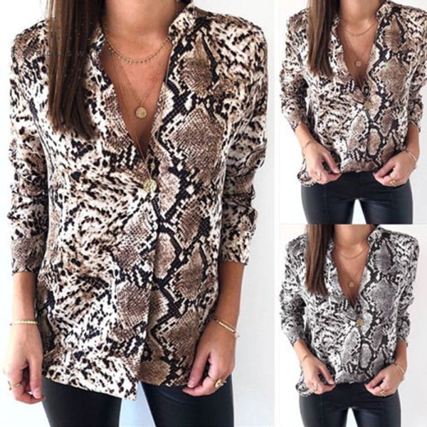 

polyester women blouses snake print shirt long sleeve python casual printed skin loose v neck shirt ladies, White