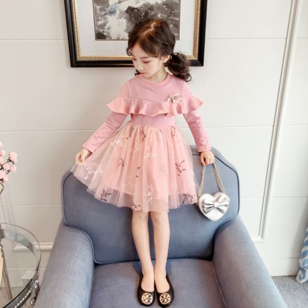

girls ins autumn long sleeve dress two colors 2019 kids fashion embroidered organza princess dress sweet flower pretty tutu dress, Red;yellow
