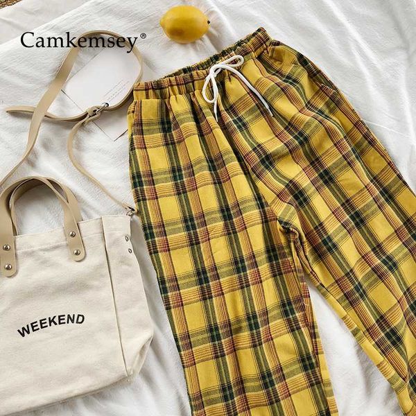 

camkemsey vintage yellow plaid japanese harajuku summer pants women casual drawstring ankle length loose wide leg cotton pants, Black;white
