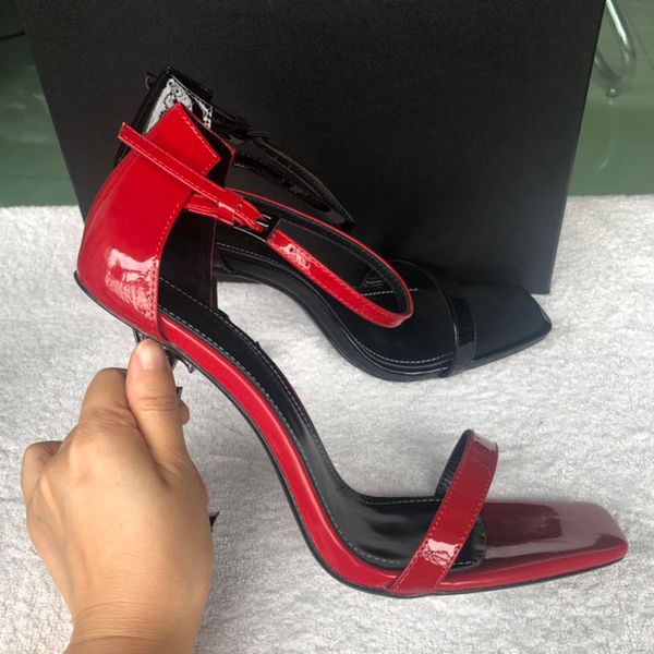 

new arrivals 2019 patent leather thrill heels women unique designer pointed toe dress wedding shoes brand shoes letters heel sandals 41, Black