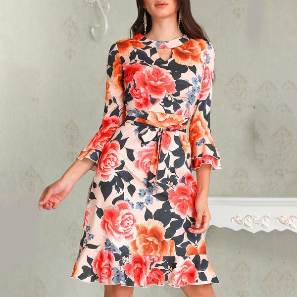 

women dress summer fashion o-neck long sleeve floral splice waist tightening slm fit ladies dresses, Black;gray