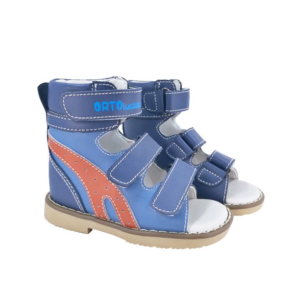 

children cool sandals blue and orange decoration orthopedic genuine leather shoes for kids high ankle flatfoot shoes, Black;red