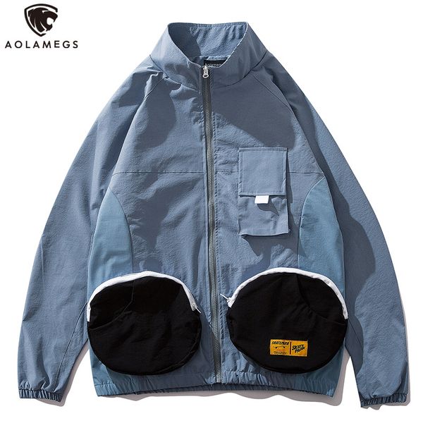 

aolamegs jacket men funny pockets tracksuit japanese retro harajuku patchwork color advanced windbreaker high street streetwear, Black;brown