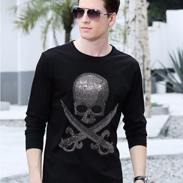 

rhinestones t-shirts long sleeve o-neck casual fitness fashion tee homme clothing 204, White;black
