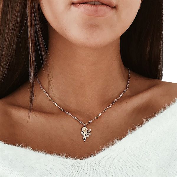 

vintage gold color rose flower pendant necklaces for women girl floral necklace boho charm statement jewelry fashion party gifts, Silver