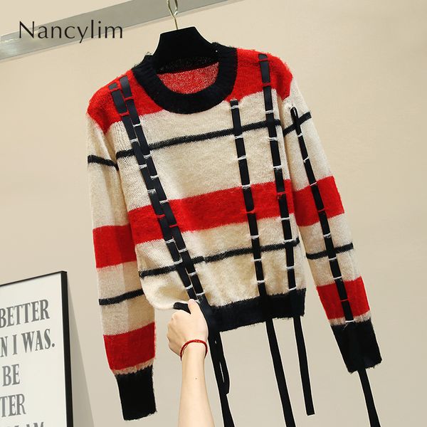 

2019 new loose air woolen sweater coat girl short jumper pullovers color patch long sleeve knitting coat women short sweater, White;black