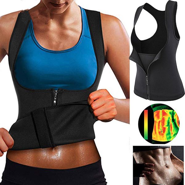 

neoprene sweat women sauna suit waist trainer vest for weight loss thermal corset body shaper zipper tank workout shirt, Blue;gray