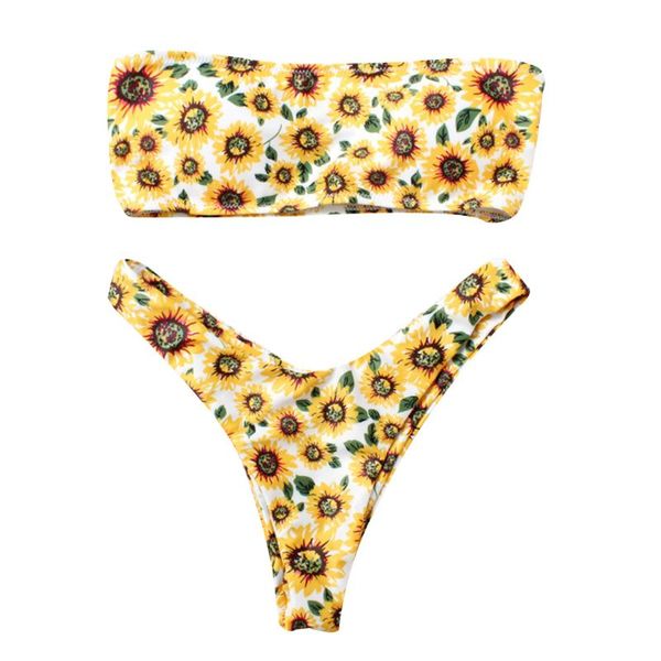 

women two piece bikini set off shoulder strapless colored cartoon summer sunflower print bandeau low waist high cut thong, White;black