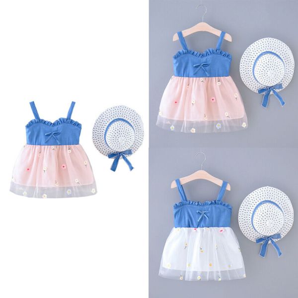 

summer kid baby girl denim лоскутная рубашки кружева mesh пачка платье + hat outfit смазливая одежда, Red;yellow