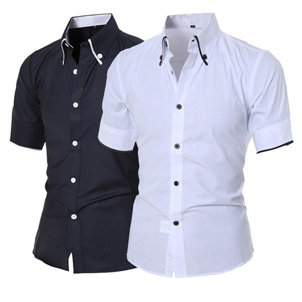

men solid color short sleeve button down casual lapel business shirt, White;black