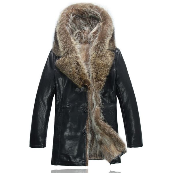 

xiu luo 2019 winter fashion men's coats raccoon fur pu leather jacket hat keep warm leather jackets man, Black