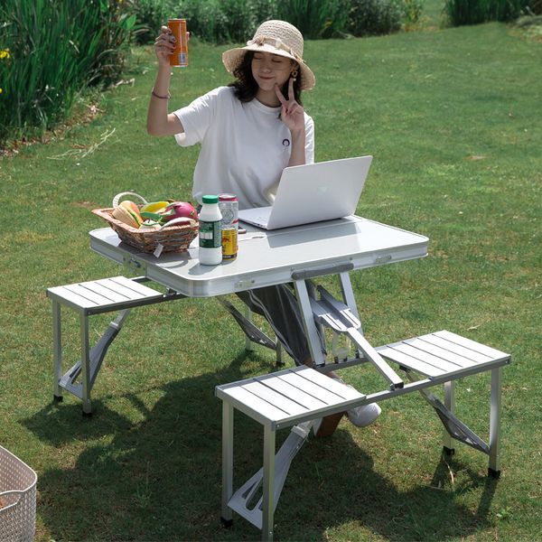

wholesale aluminum alloy folding table set with 4 chairs portable foldable garden table chair set integrated roll up stand picnic camping