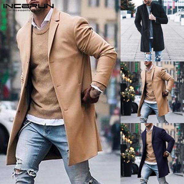 

incerun fashion men trench coats long sleeve winter business outerwear solid slim fit british style jackets men windbreaker 2019, Tan;black