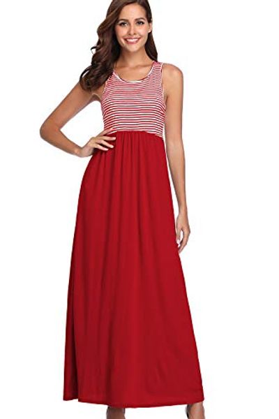 

kyrakiss women's casual crew neck sleeveless striped maxi dress side pockets grey green red black s-xl, Black;gray