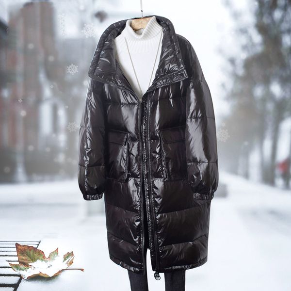 

2019winter jacket woman long down jacket coat new large size hooded thicken warm outerwear glossy winter parka female collection, Black