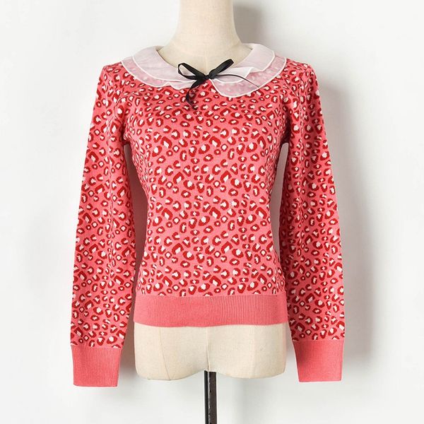

cute doll collar leopard pullovers sweater 2019 fall long sleeve knitted sweater wool blend women sweaters pullovers, White;black