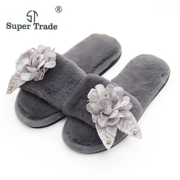 

st super trade warm plush winter faux fur home slippers women soft sole indoor floor casual shoes ladies slip on slides mules, Black
