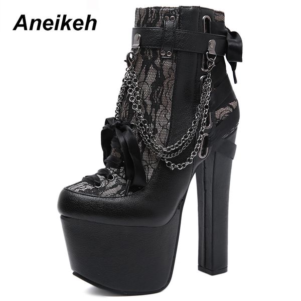 

aneikeh zip metal chains rivet motorcycle boots women shoes super high heels platform ankle boots punk rock gothic biker, Black