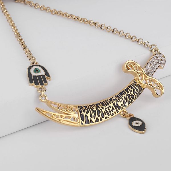 

turkish evil eye imam ali sword hamsa hand of fatima necklace 55cm chain, Silver