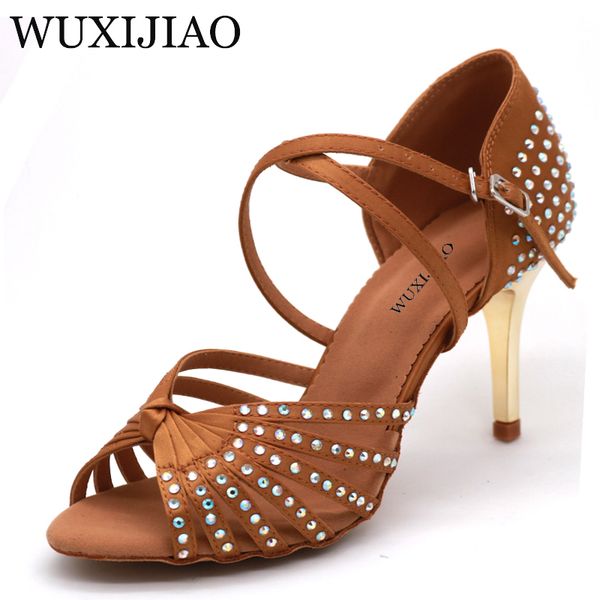 

wuxijiao satin upper rhinestones sandals dance shoes latin ballroom shoes women gold heel 85mm girls dance latin