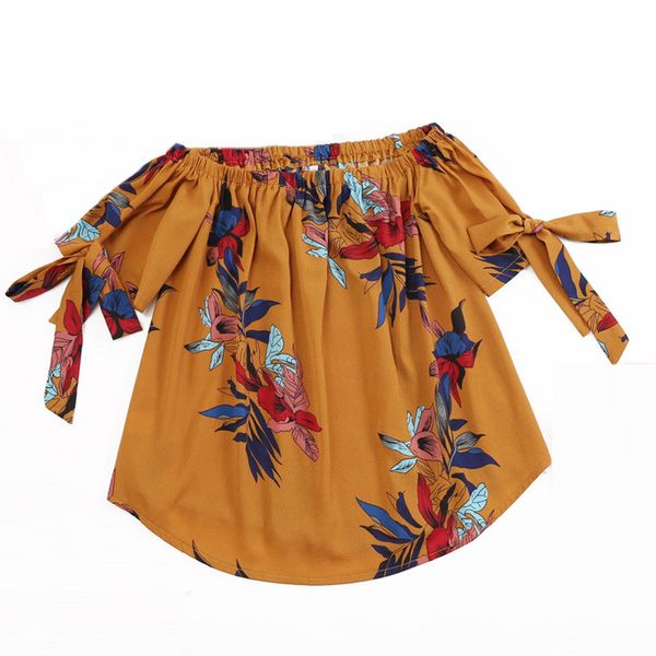 

fashion women ladies summer short sleeve shirts off shoulder slash neck loose casual blouse shirt floral print shirts, White