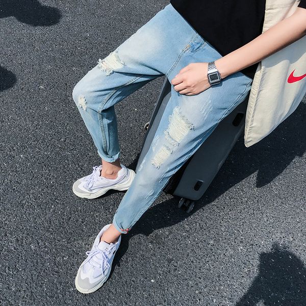 

summer thin nine-cent jeans men trim korean fashion style straight tube holes 9 points men small foot beggars pants, Blue