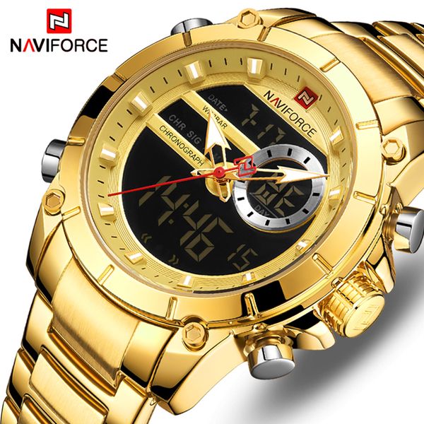 

naviforce brand men sport watches mens led analog digital watch male army stainless quartz clock relogio masculino 9163, Slivery;brown