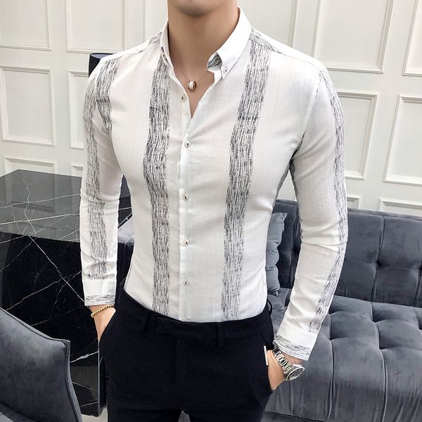 

gzdeerax stripe mens shirts luxury long sleeve business casual mens dress shirts fashion slim fit party nightclub male, White;black