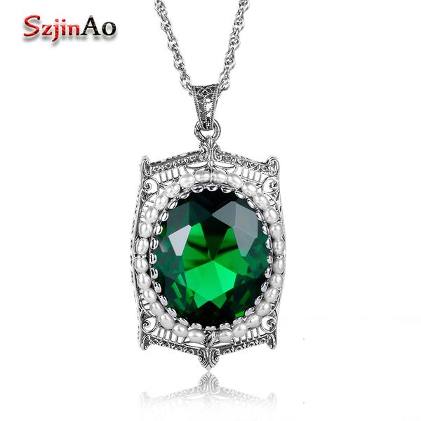 

szjinao 100% real 925 sterling silver locket фоторамка природный жемчуг ожерелье античная зеленый изумрудное ожерелье для женщин, Golden;white