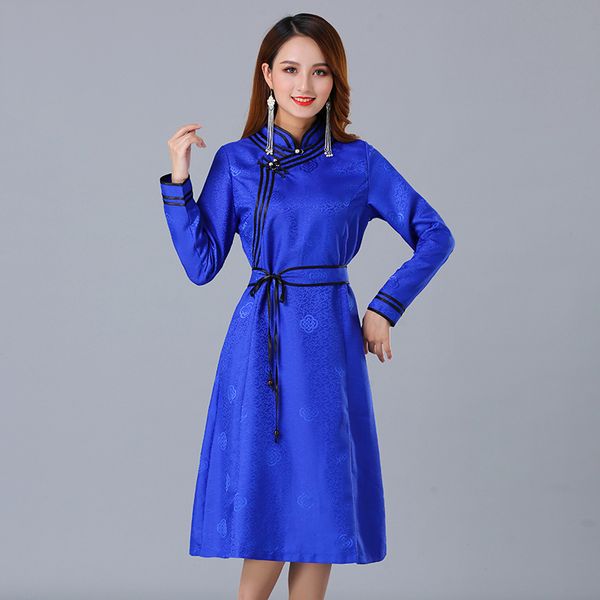 

mongolian dance stage wear long sleeve qipao dress silk blend party cheongsam for women elegant oriental ethnic clothing, Red