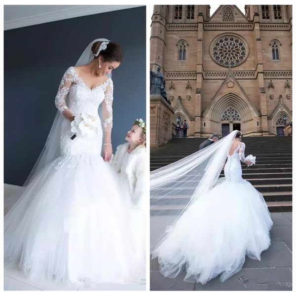 

2019 vintage slim long sleeves mermaid wedding dresses tulle formal lace petite bridal gowns tulle formal garden vestidos de marriage, White