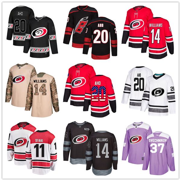 

custom carolina hurricanes jersey 37 andrei svechnikov 11 staal 20 sebastian aho 14 justin williams usa flag hockey jerseys, Black;red