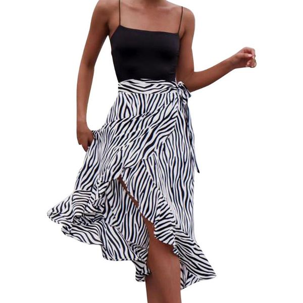 

fashion women zebra striped print bandage open fork ruffles hem bohemia skirt long elastic waist ruffle women striped skirt long, Black