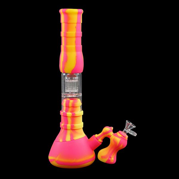 Hookahs Silicone Beaker Bongs Set Filtração de três camadas Tubo de água Percolador Tubo de vidro Bong com coletor de cinzas Fumar