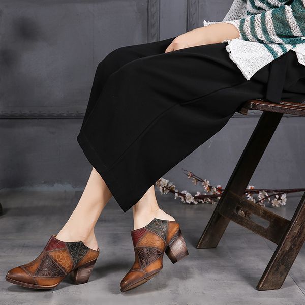 

women's sandals summer shoes platform ootwear wedge footwear 2019 women leather mules embroidery slippers pointed toe women  c, Black