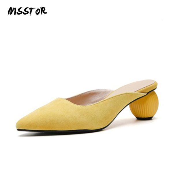 

msstor kid suede women mules yellow fashion elegant strange style rubber women summer slippers pointed toe high heels slippers, Black