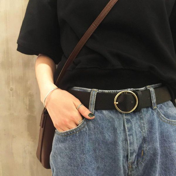 

new harajuku style circle buckle metal pu wide belt women's belts 2019 korean fashion accessary, Black;brown