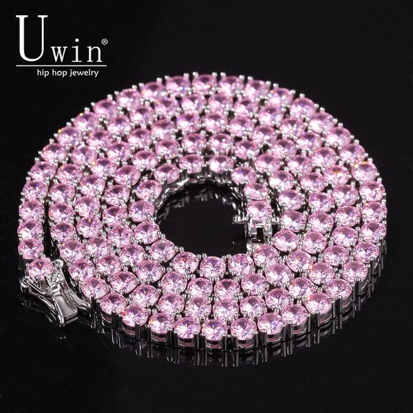 

uwin cz tennis chain 4mm pink blue cubic zirconia bling bling full iced out necklace fashion rock hiphop jewelry, Silver