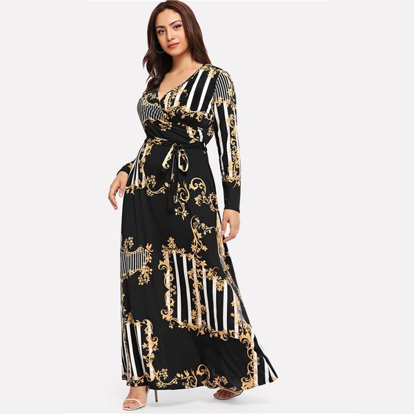 

womens dresses womens clothing plus size black mixed print casual women 2019 spring fashion long sleeve a line high waist maxi dress, Black;gray
