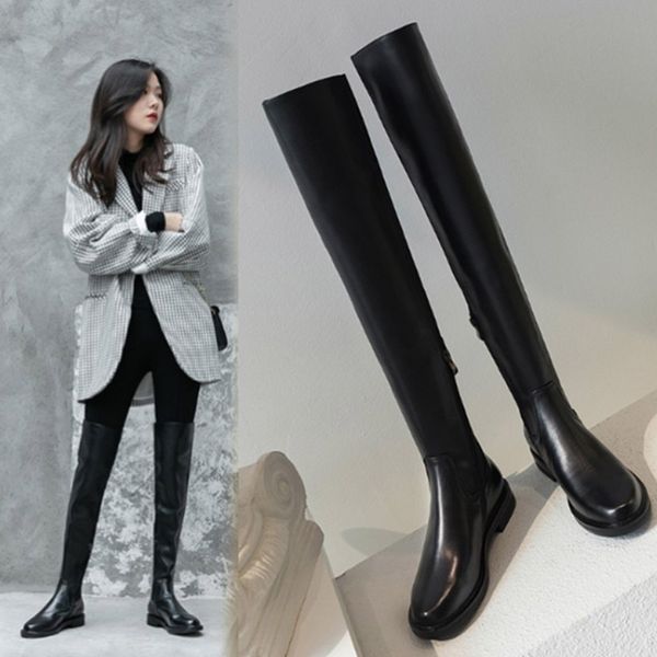 

zorssar women's stretch boot over-the-knee boots genuine leather shoes comfortable breathable boot women shoes ladies boots, Black