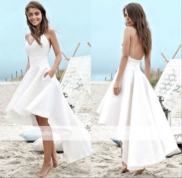 

2019 summer beach свадебные платья бретельках атласная backless высокая низкая сад линия свадебные платья bc0354, White