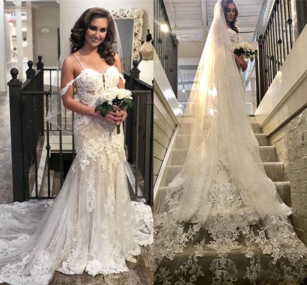 

2019 Gorgeous Lace Wedding Dresses Spaghetti Straps Appliques Long Train Summer Boho Bridal Gowns Custom Made