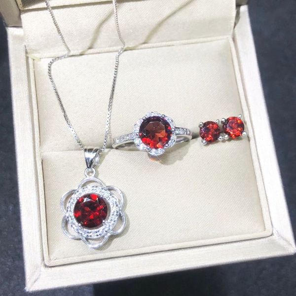 

gorgeous natural rd 7mm garnet gemstone jewelry set, necklace+ring+earrings engagement birthday new year christmas jewelry gift, Black