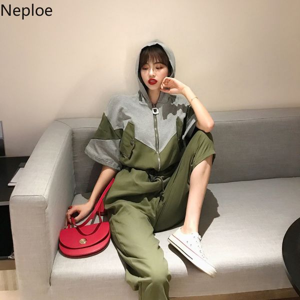 

neploe contrast color one piece jumpsuits 2019 summer rompers for women hoody loose zipper drawstring pants playsuits 52287, Black;white