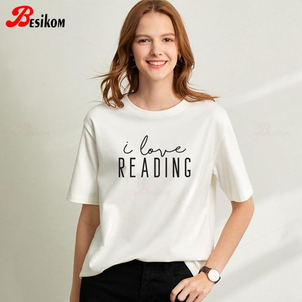 

besikom i love чтение письмо печати тенниска женщины с коротким рукавом повседневная женщины tshirt плюс размер одежды streetwear tee shirt, White